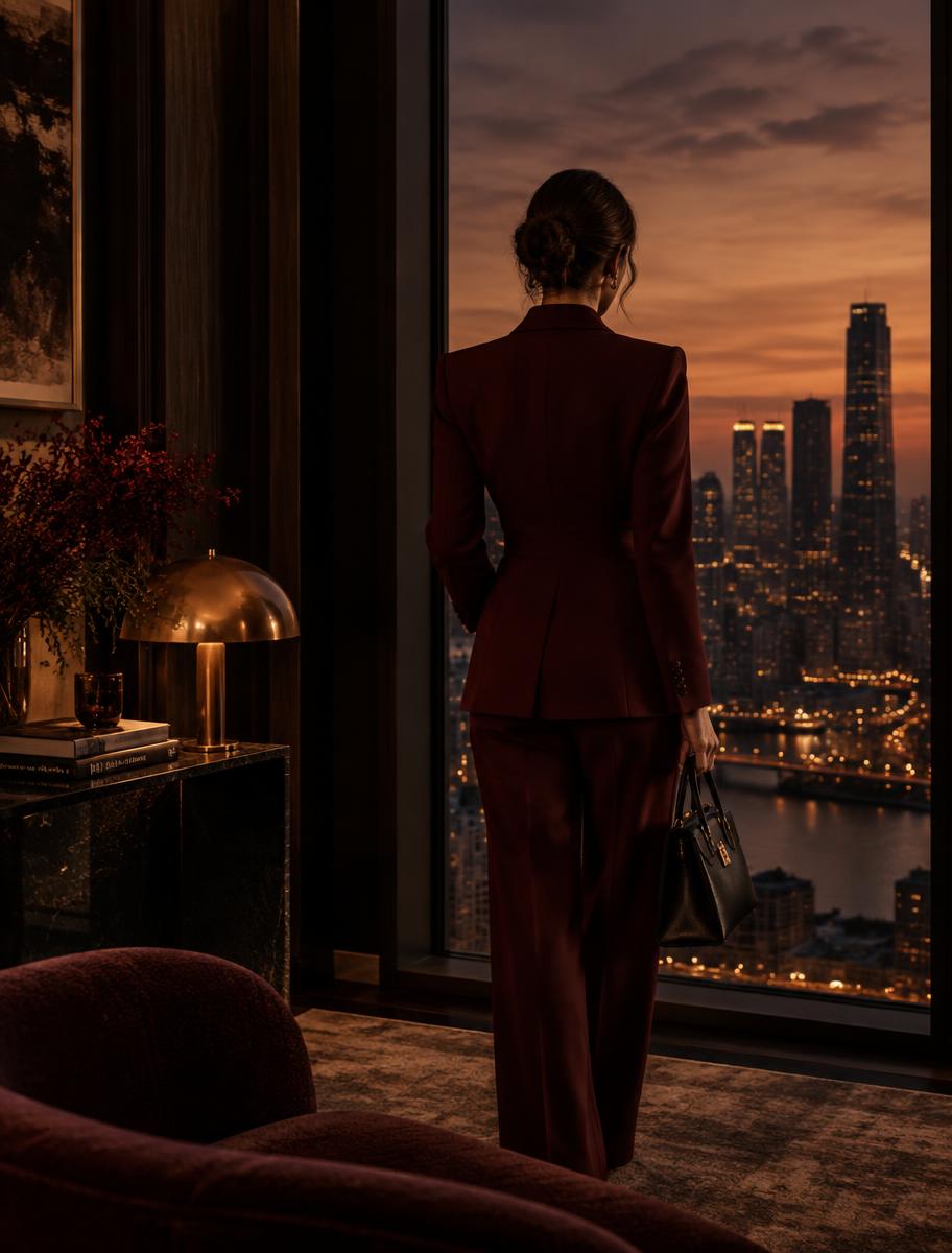 Woman in a burgundy suit looking out over the city skyline